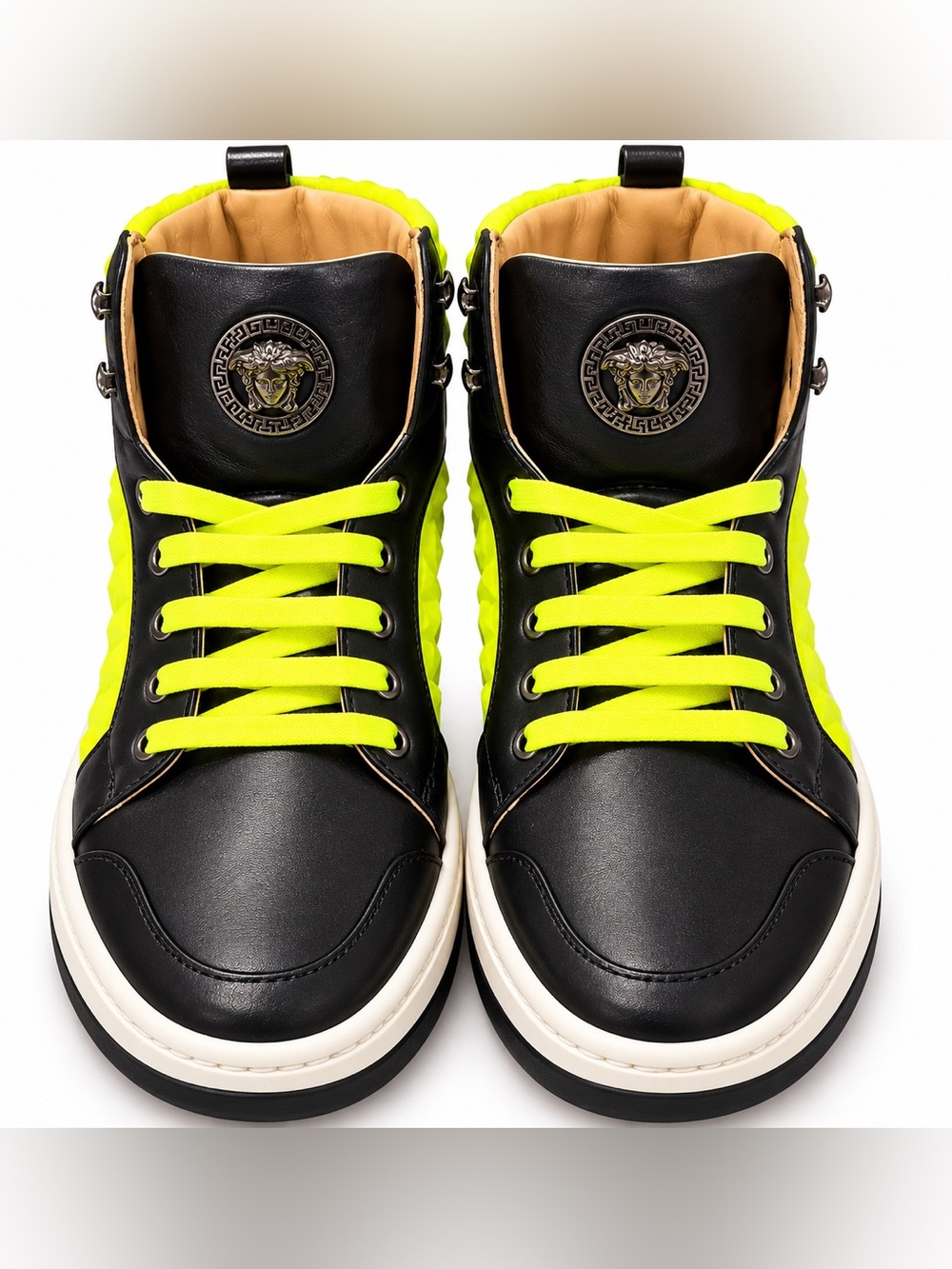 Versace Young Black Leather High-Top Sneakers with Neon Yellow Laces